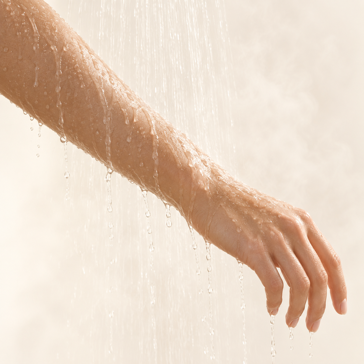An arm under a warm shower, skin soaking and softening