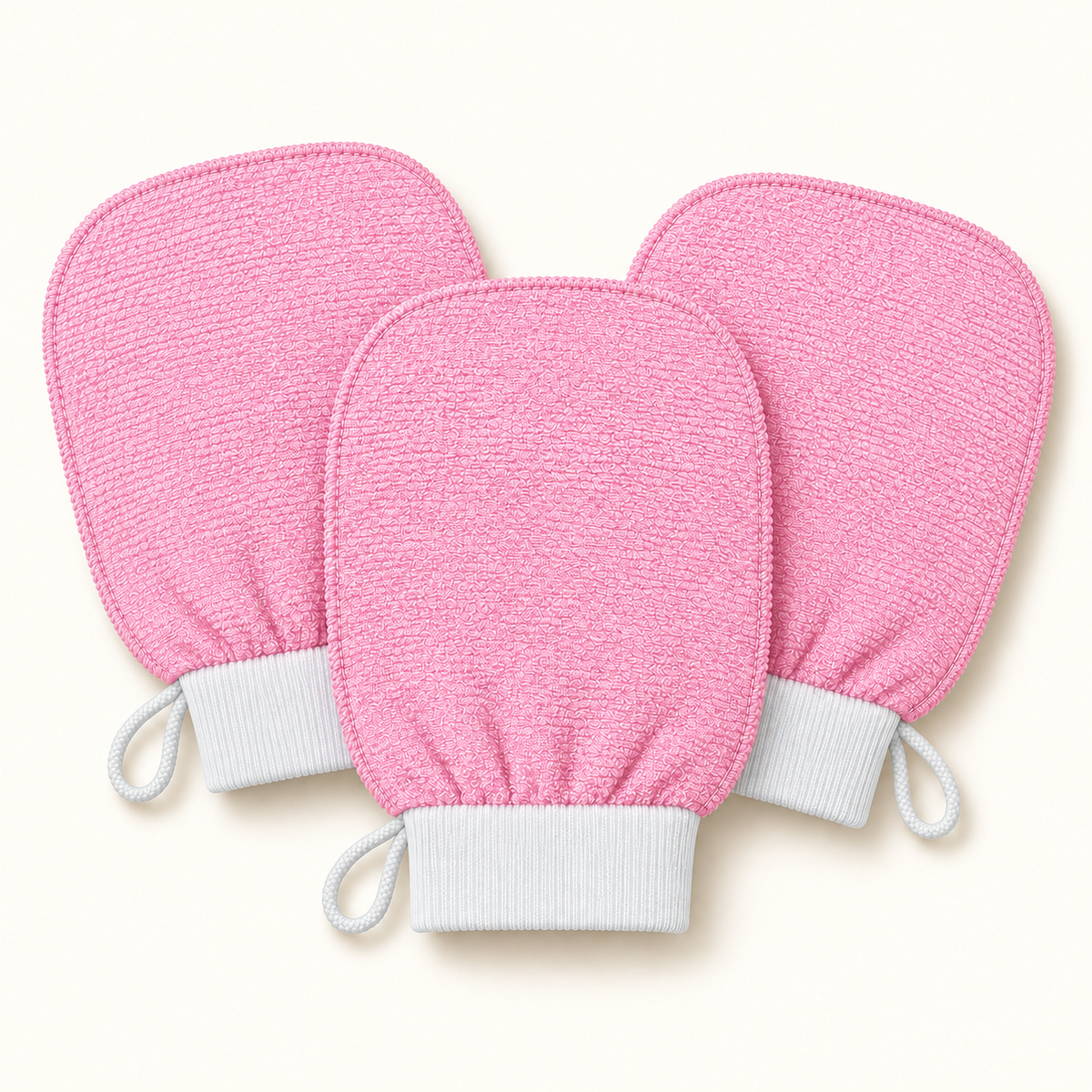 Three Sunday Scrub exfoliating gloves in pink
